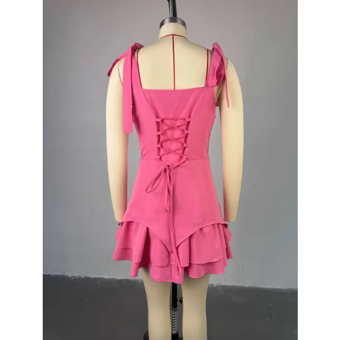 Zomer Slanke Roze Damesjurk 2025, Mode Band Mouwloze Mini-jurken Elegante Klassieke Kant-Up Geplooide Vrouwelijke Korte Rokken