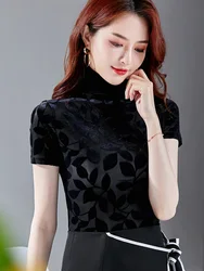 2024 Trend Mesh Female T-shirt Spring Summer Korean Version Woman M-3XL Short Sleeves Slim Turtleneck Pullover Velvet