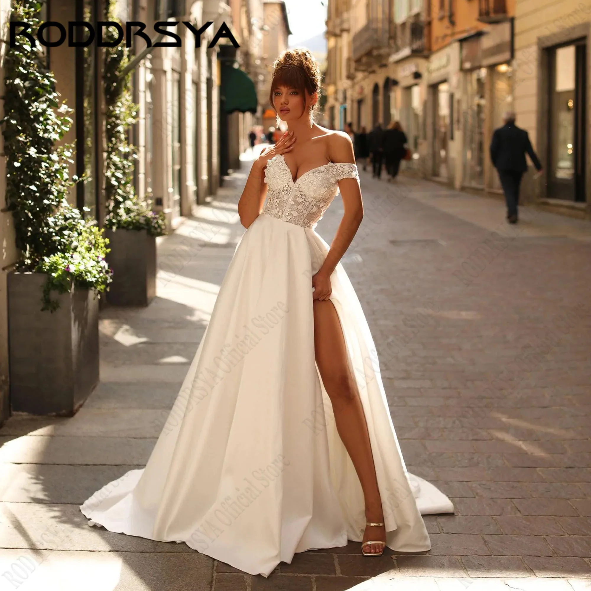 

RODDRSYA Off Shoulder A-Line Wedding Dresses V-Neck Backless Appliques Satin Bride Gowns Side Slit vestido femininos Customized