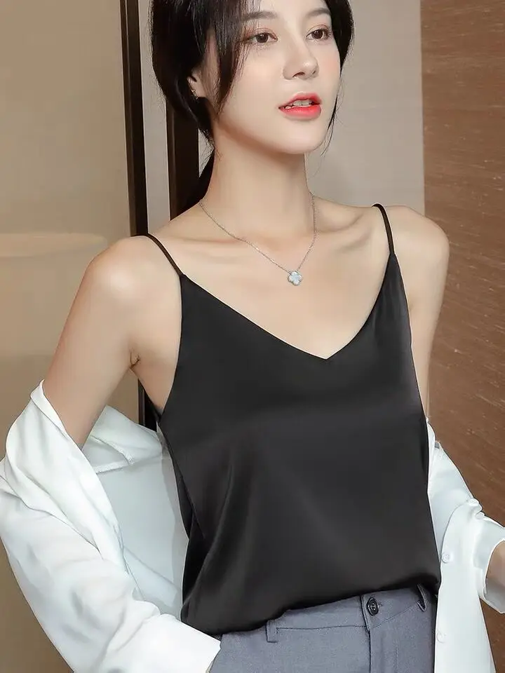 Camisola de satén de seda rosa para mujer, cómoda, con forro de acetato, tops de gasa, tallas grandes, para primavera y verano, camisolas base 2026