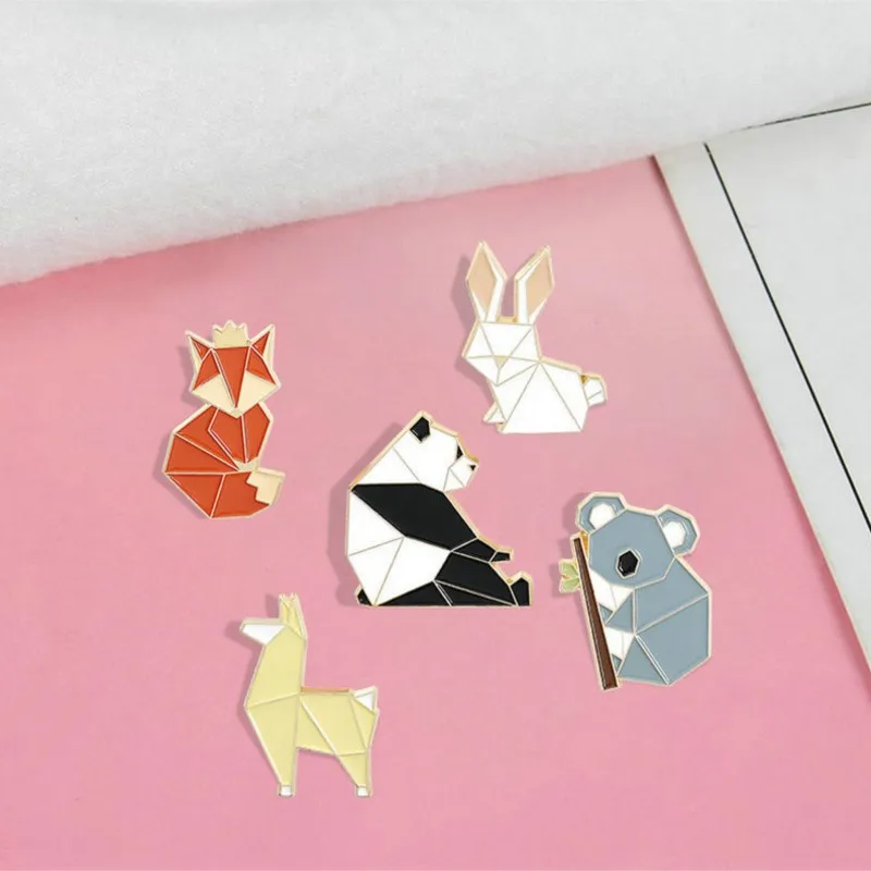 Origami Animal Enamel Pin Custom Fox Panda Koala Alpaca Rabbit Brooch Bag Clothes Lapel Pin Badge Cartoon Jewelry Kid Friend