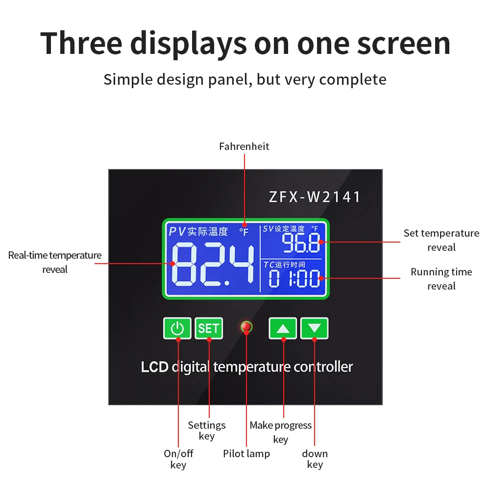 ZFX-W2141เทอร์โมสตัทดิจิตอล AC 220V LCD ปรับอุณหภูมิได้พร้อมหัววัดความร้อน NTC