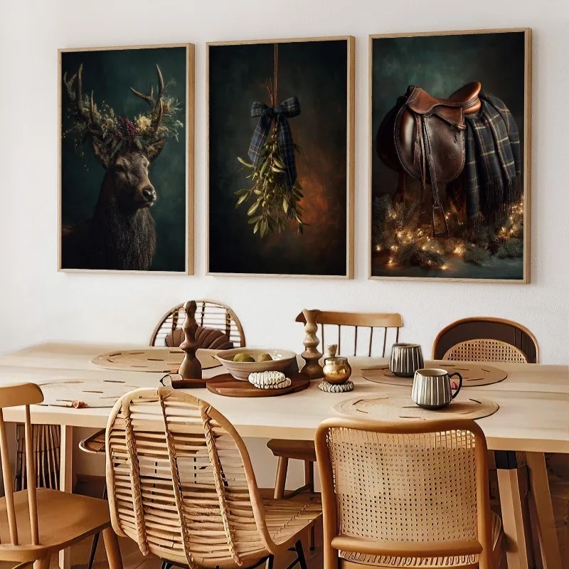 3pcs Dark Moody Rustic Christmas Wall Art Prints Stag Horse Saddle Vintage Farmhouse Winter Holiday Home Decor Unframed Canvas