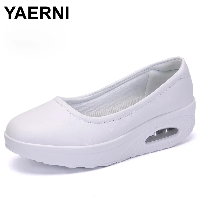 YAERNI Women Nurse Flats Shoes PU Leather Slip On Moccains Ladies Round Toe White Loafers Flat Women Sneakers Autumn Size 35-42