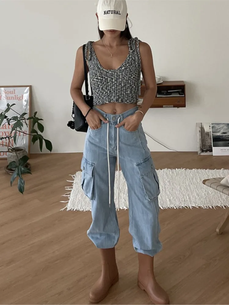 Jeans Herbst hohe Taille Hose Frauen lässig lose koreanische Stil plissierte Damen weites Bein Hosen Mode Frau lange Cargo hose