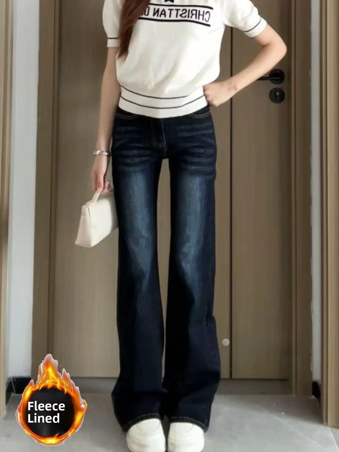 

Джинсы-клеш женские больших размеров, с высокой талией, на подкладке, свободного кроя, осенне-зимние, новые, стройнящие