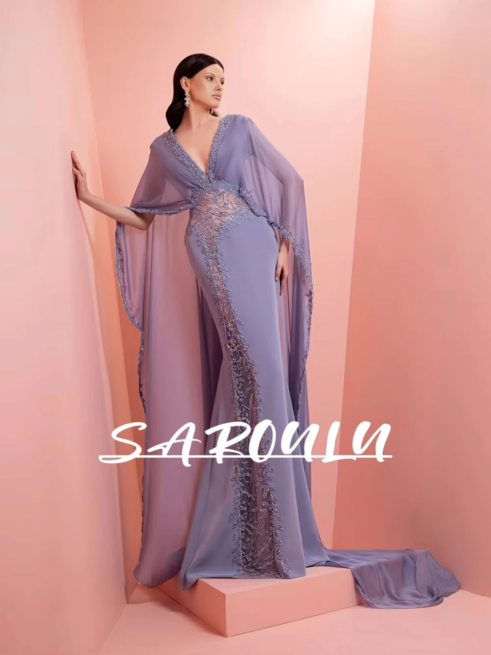 

Elegant Lilac Chiffon Cape Evening Dress Women's Deep V Neck Sexy Beaded Embroidery Mermaid Formal Prom Gown Customized