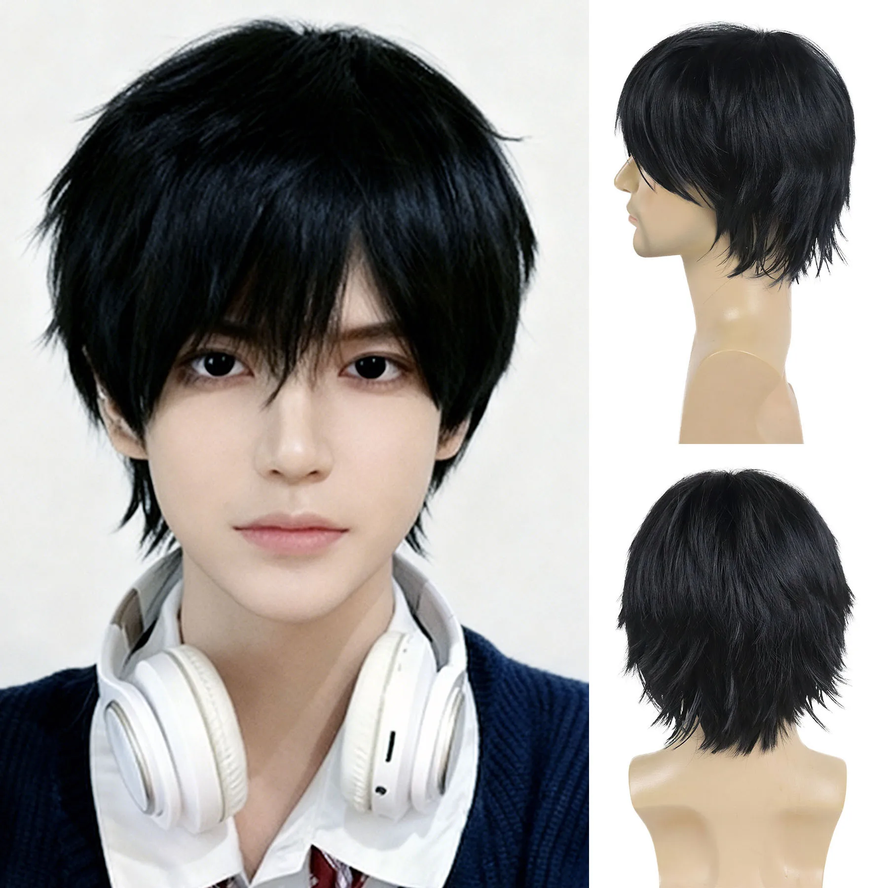 

Men's Black Short Wig for Daily Wear Youthful Japanese-Style Cosplay Anime Wigs Vector Costume Halloween Handsome Wig for Men