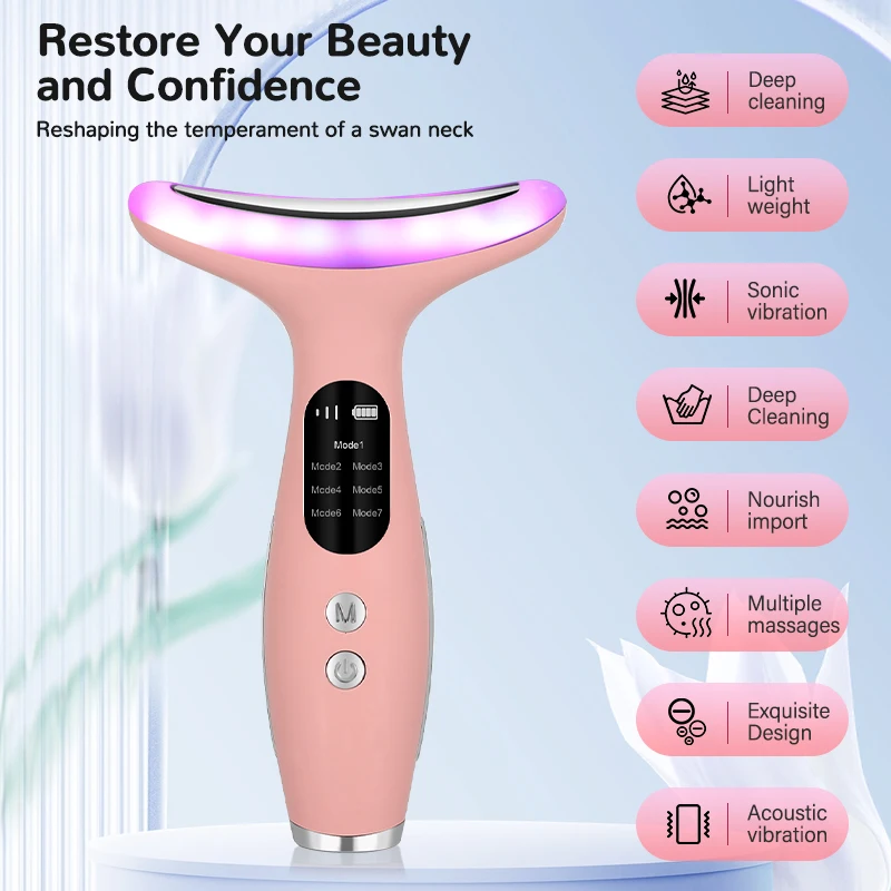 Professional 7-Color Facial and Neck Massager with LED Light Therapy and Microcurrent for Skin Tightening