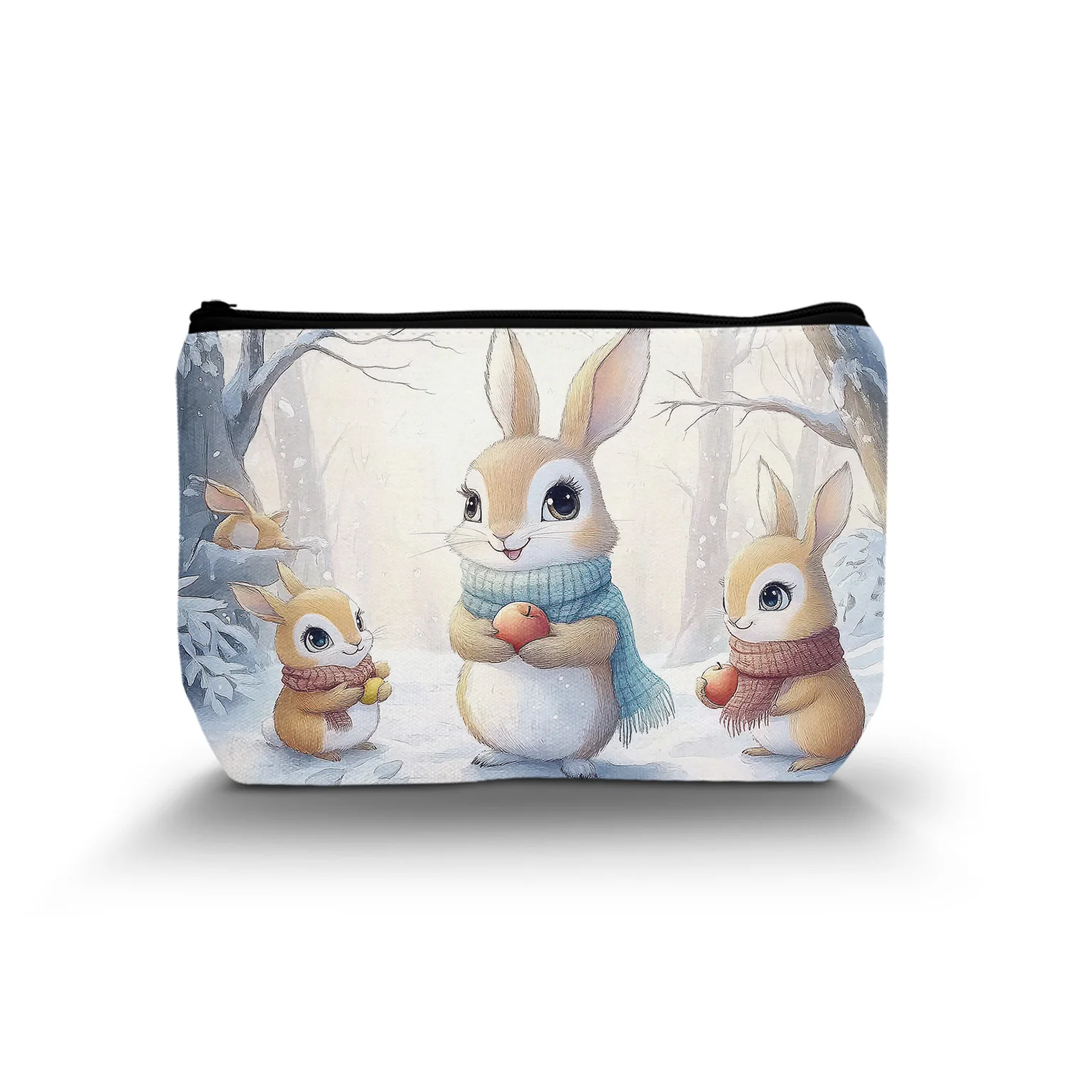 1Pc Rabbit Wearing Scarf In Snowy Weather Cosmetic Bag Cute Animal Foraging In Snowy Weather Cosmetic Bag