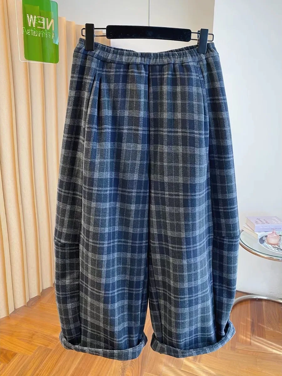 Authentic Korean Style Plaid Pants Women's Nine Points Loose Casual Wide Leg Pants Autumn Wear Comfortable Natural Waist