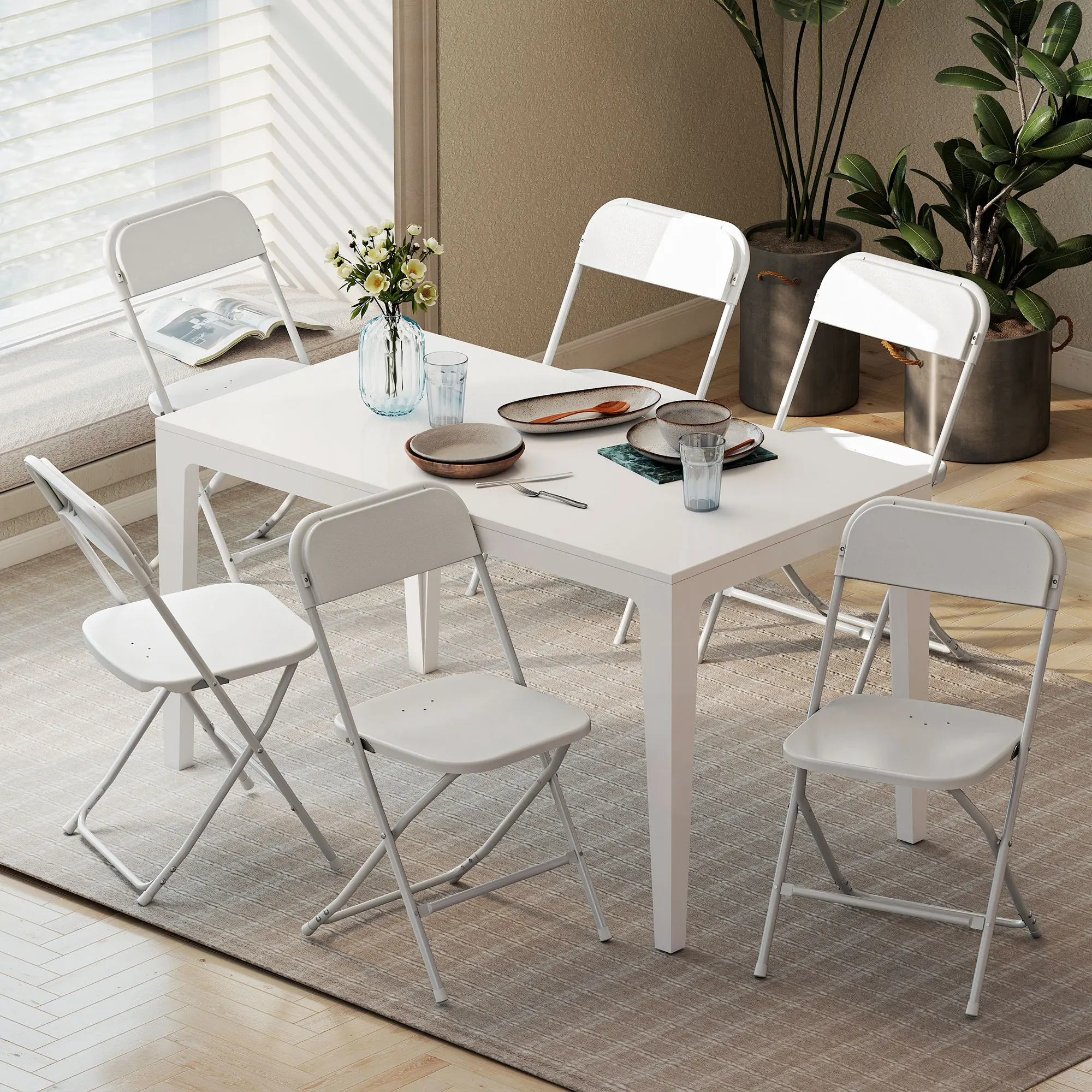 HOMCOM Klappstühle 6er Set aus Kunststoff Klappbar Küchenstuhl Esszimmerstühle mit Ablauflöchern, Stahlgestell Klappstühle Faltstuhl bis 120 kg, für Drinnen, Weiß