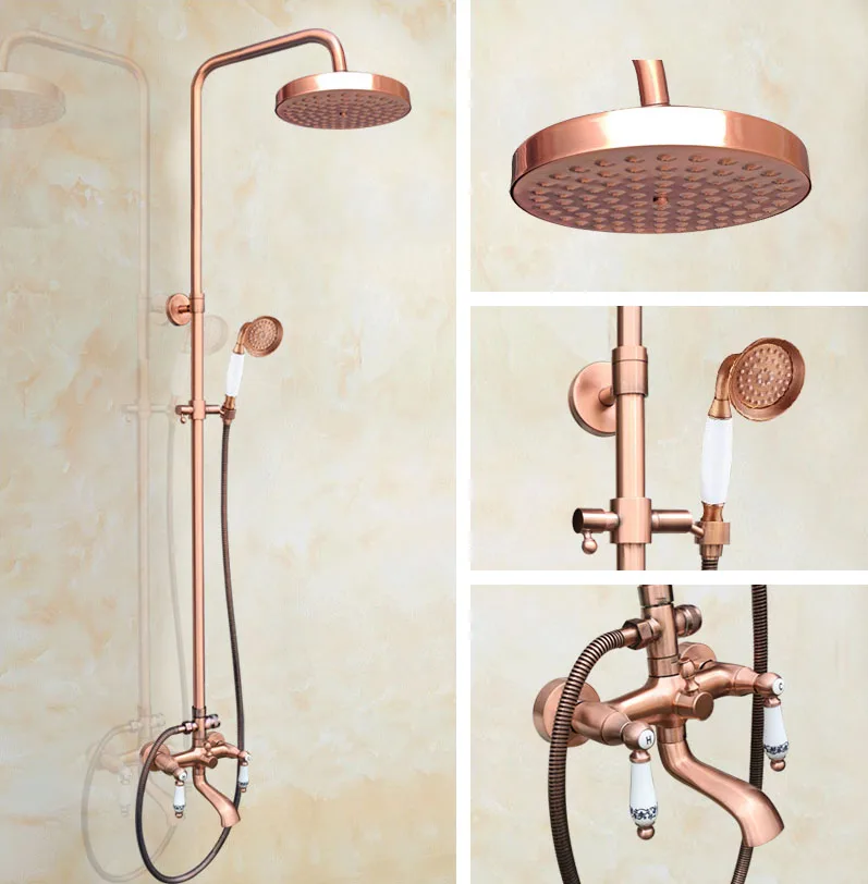 

Rainfall/Handheld Shower Faucet Set Antique Red Copper Dual Handle Bathroom Waterfall Tub Hot And Cold Water Taps Kit Drg545