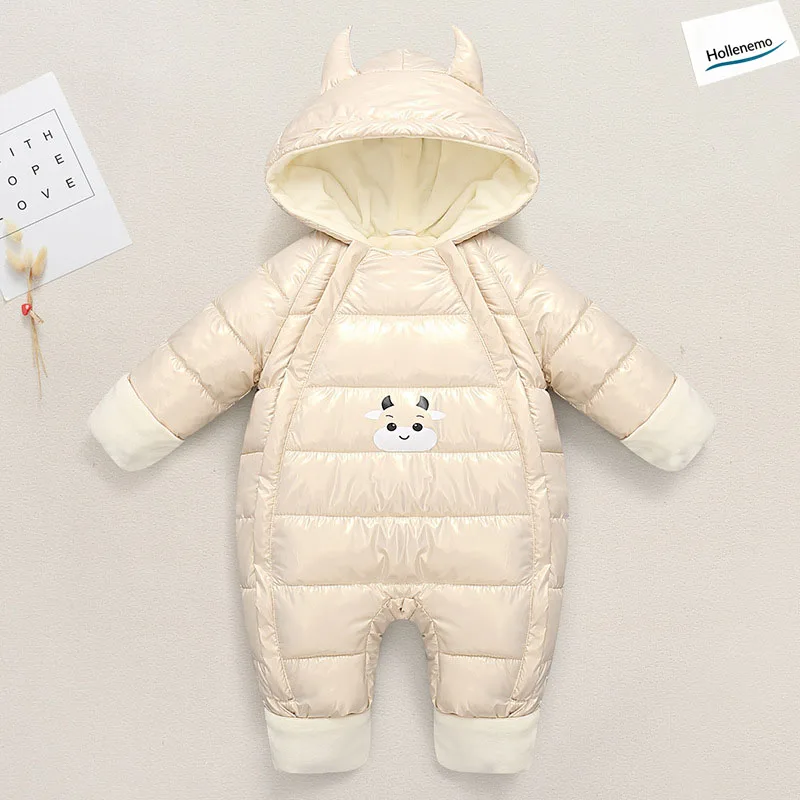 Baby Hooded Snowsuit Winter Padded Jumpsuit Ear Decor Zipper Button Warm Infant Romper For Newborn Boys Girls