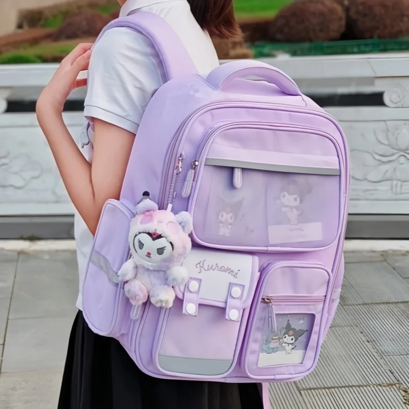 

Sanrio Kuromi School Backpack Lightweight Spine Protection Large Capacity With Pendant Purple For Daily Go To School Use