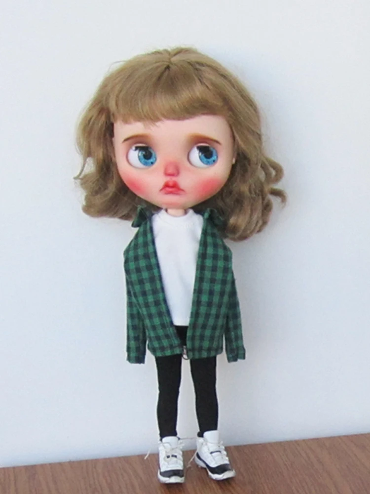 D05-P237 children toy 1/6 blyth ob24 ob27 azone19 joint BJD doll clothes Green checkered shirt white shirt