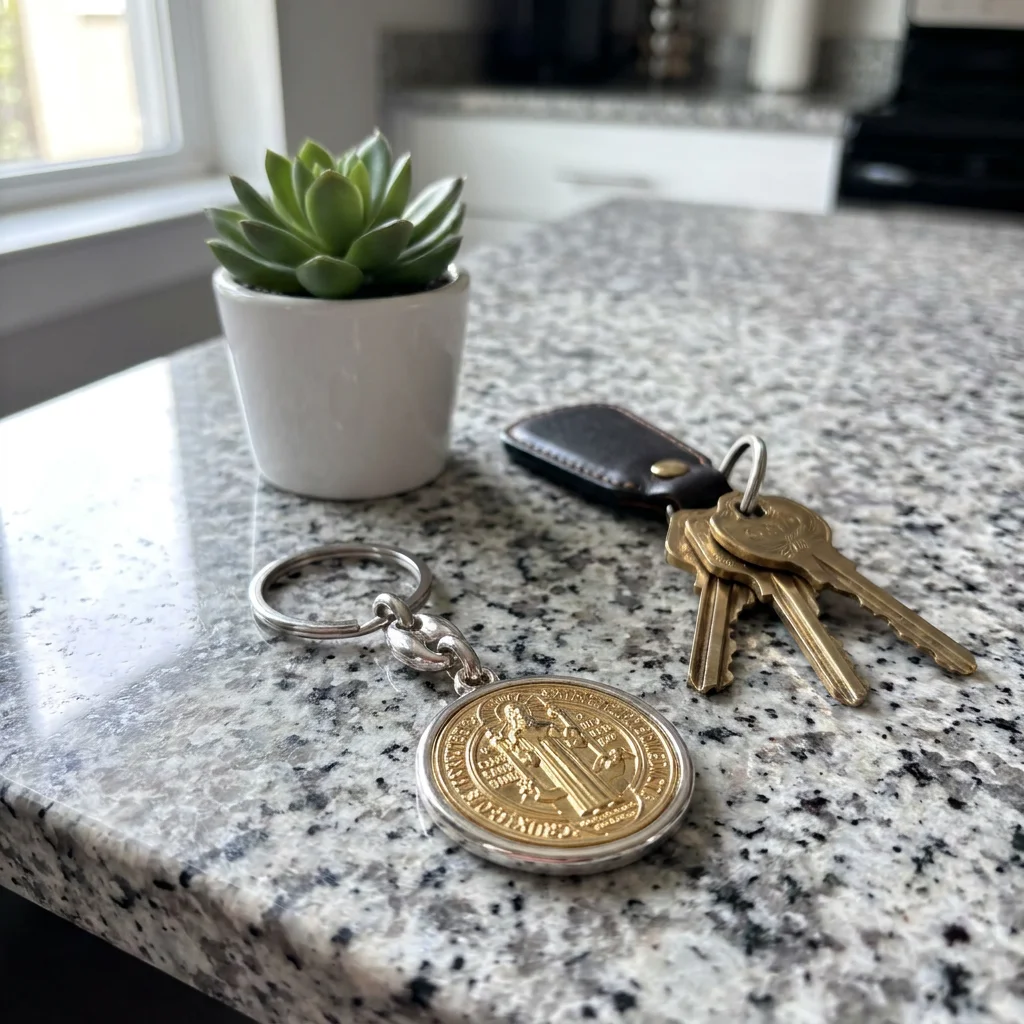 Saint Benedict Medal Keychain Vintage Religious Cross Key Ring Zinc Alloy Car Pendant Bag Charm Catholic Exorcism Protection Gif - view 4