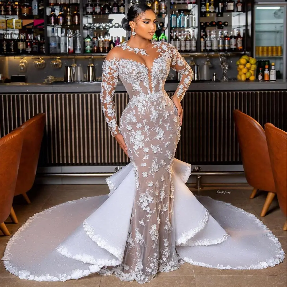 Plus Size Pearls Mermaid Wedding Dresses Lace Bridal Gown With Long Sleeves Sheer Bateau Neckline Robe De Mariee