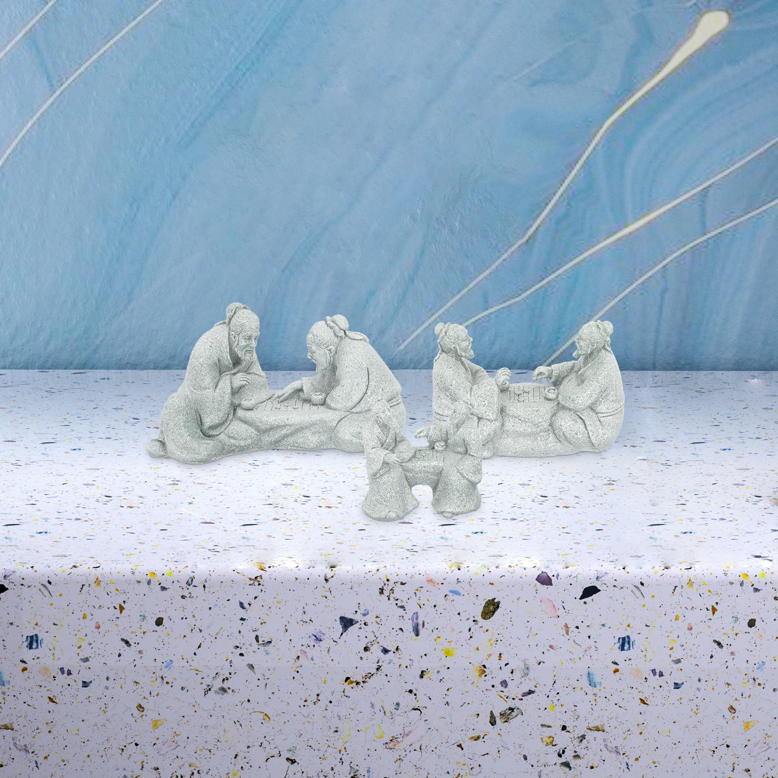 

3pcs Stone Table Decoration Sandstone Statue Decor Garden Landscape Ornament Home Bonsai Adornment Elder Figure Fish for Indoor