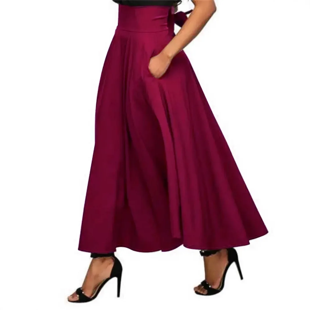 Fashionable and elegant solid-color A-line style, slimming, high-waisted, long midi skirt