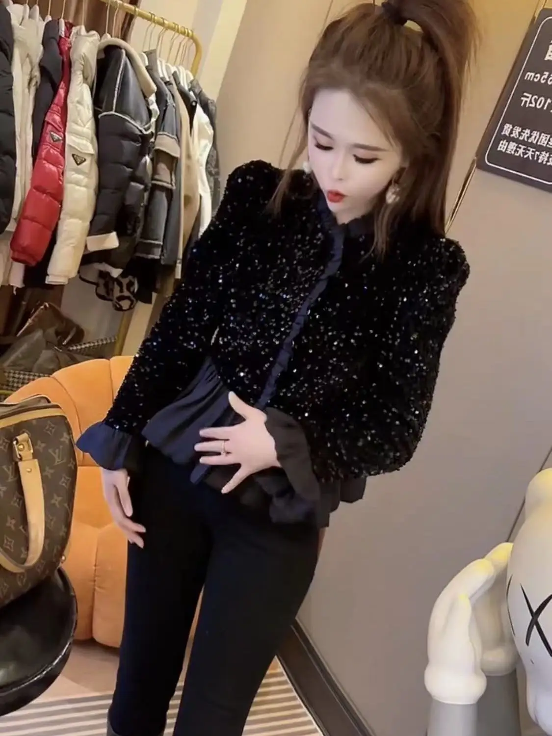 Temperament Socialite Style Sequin Patchwork Flared Sleeve Sequin Jacket Short Cardigan