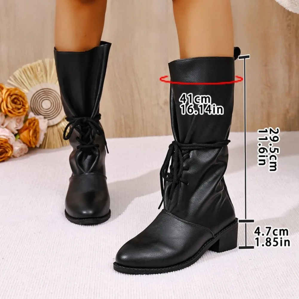 Cross Border Retro Women Boots Lace Up Crinkle Stacked Mid Calf Boots 2026 New Women Pointed Toe Chunky Heel Western Boots