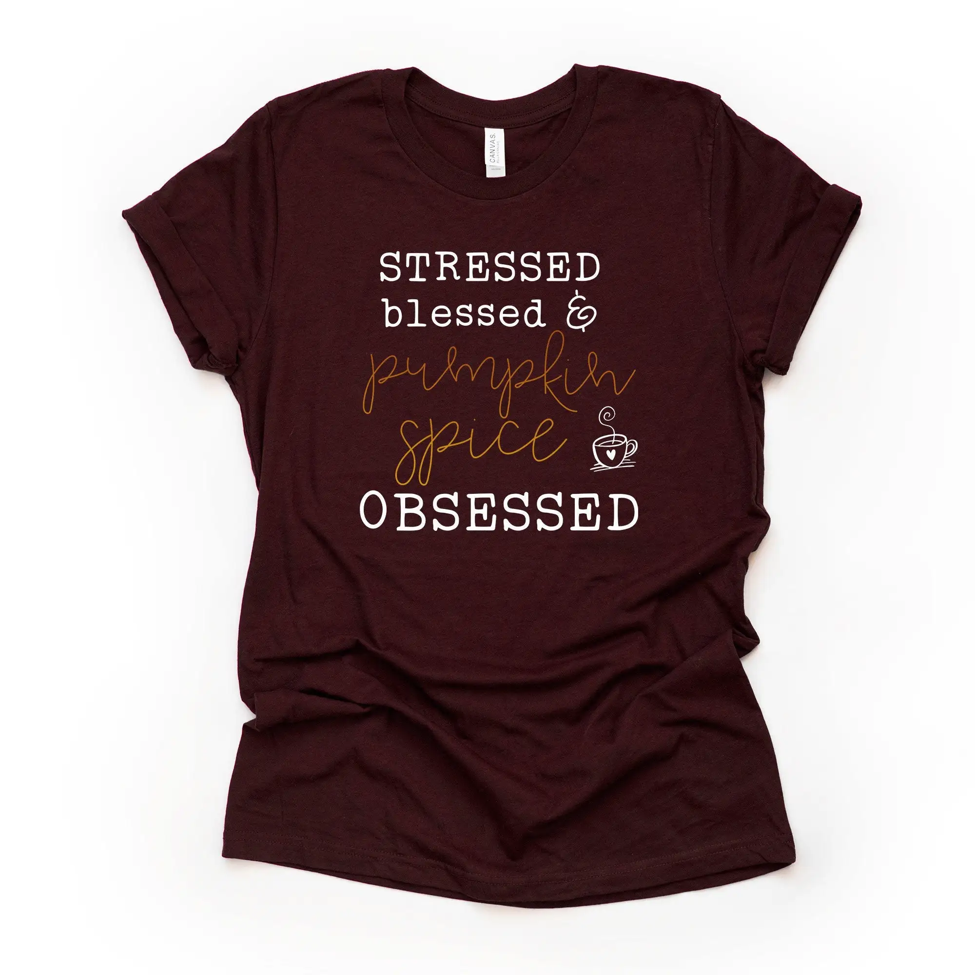 Fall Pumpkin T Shirt Stressed Blessed And Spice Obsessed Design On Premium Bella Canvas Unisex 3 Color Choices Plus Size