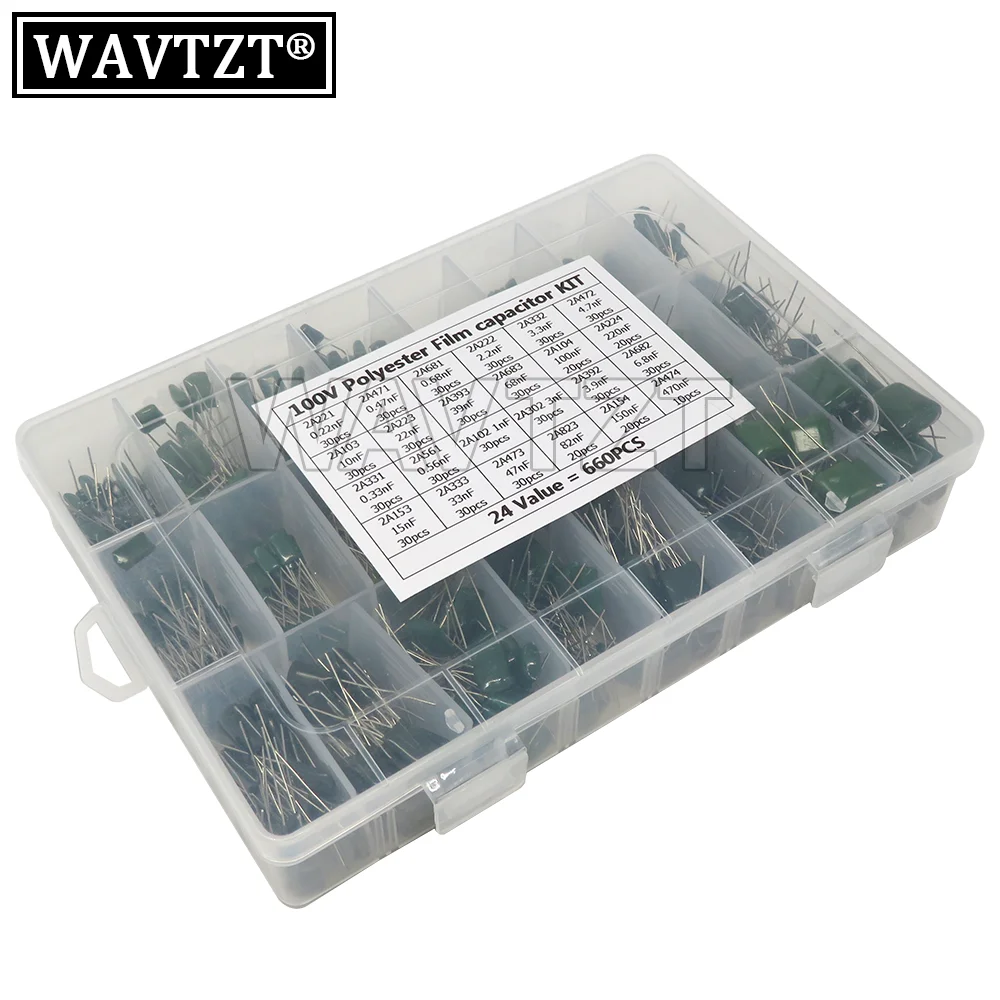 

24Value Capacitor Kit 100V 2A221J To 2A474J Polyester Film Capacitor Assorted Kit 0.47nF 0.68nF 1nF 2.2nF Capacitors 660PCS/lot