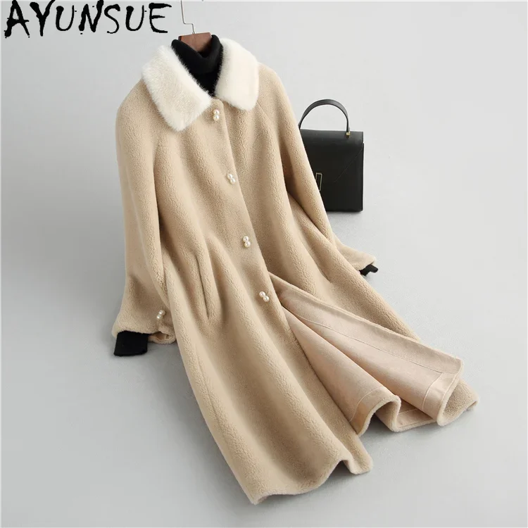 AYUNSUE-Veste de tonte de mouton pour femme, col en fourrure de vison de luxe, manteau mi-long, vêtements chics, 100% laine, 2023