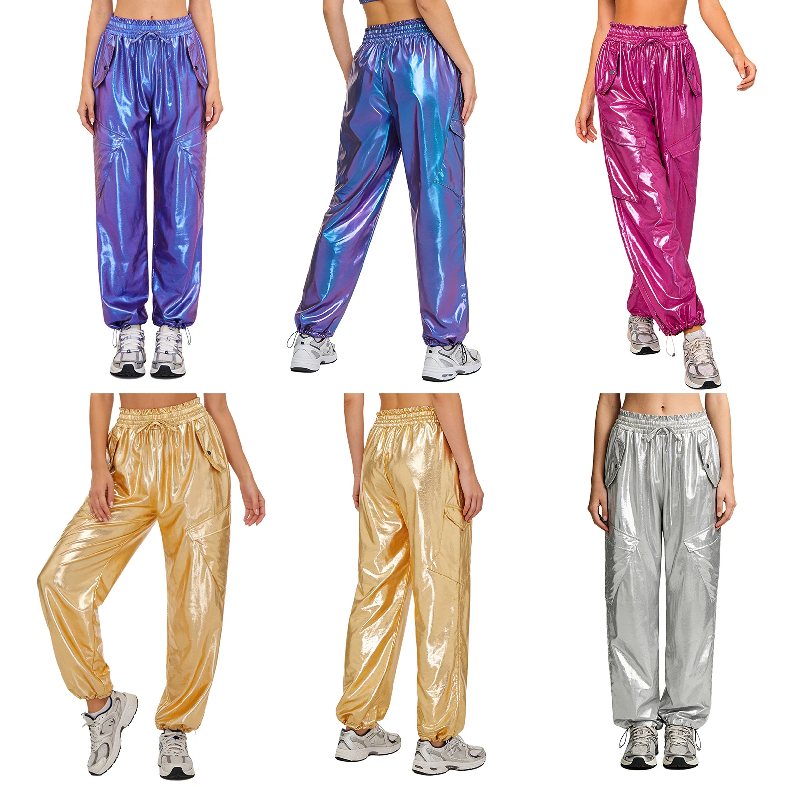 

Women Metallic Shiny Hip Hop Jazz Street Dance Cargo Pants Elastic Waist Multi-pockets Jogger Trousers Stage Performance Clothes