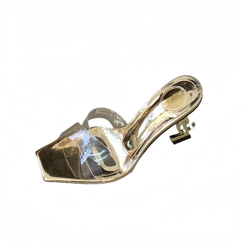 New Women's Fashion Versatile 9 Cm Special-shaped Heel High-heeled Sandals Transparent Glass Glue and Cool Slippers Size 35-41