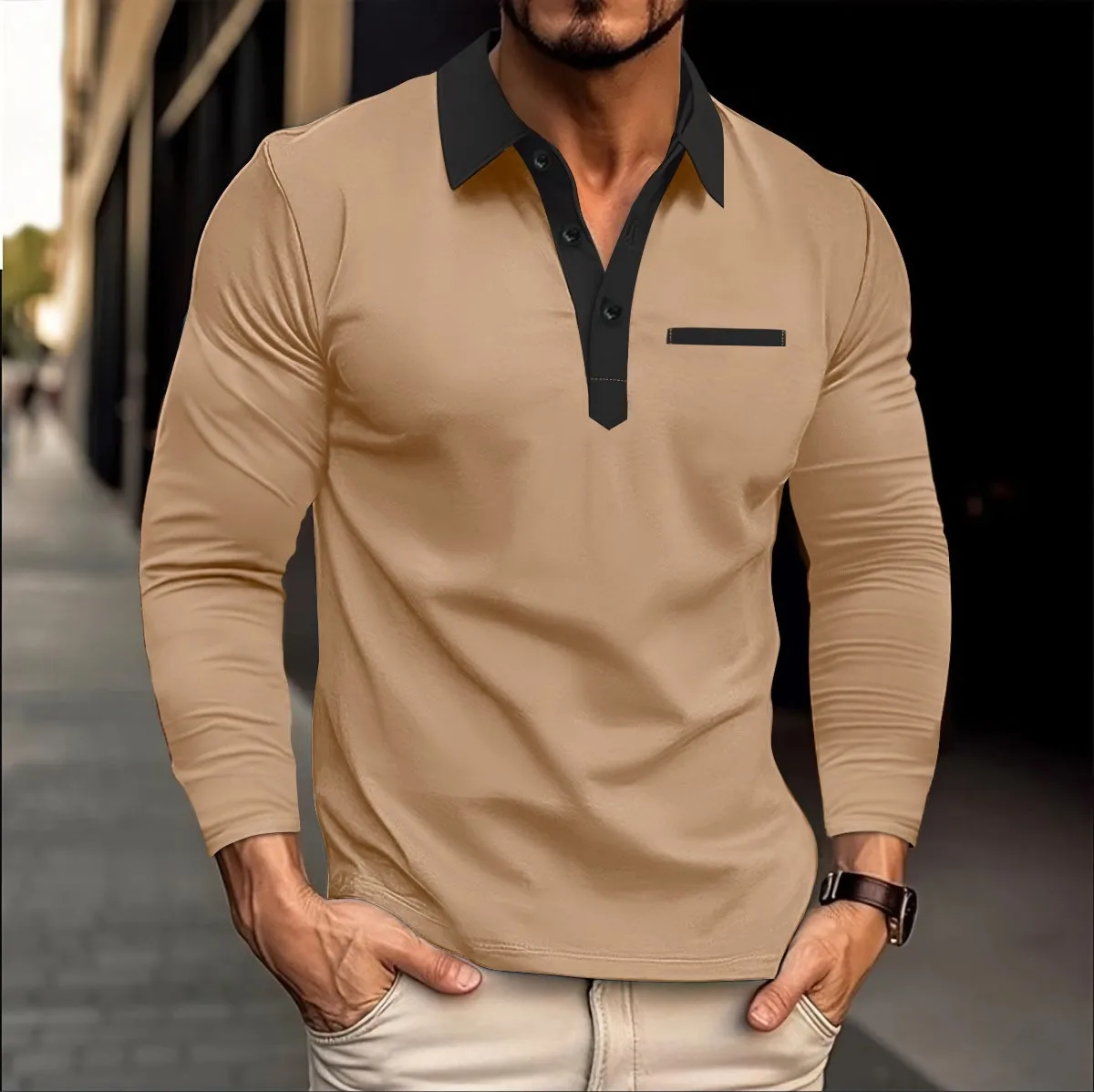 2024 spring and autumn new men\'s high quality solid color long sleeve outdoor sports shirt matching color Polo shirt