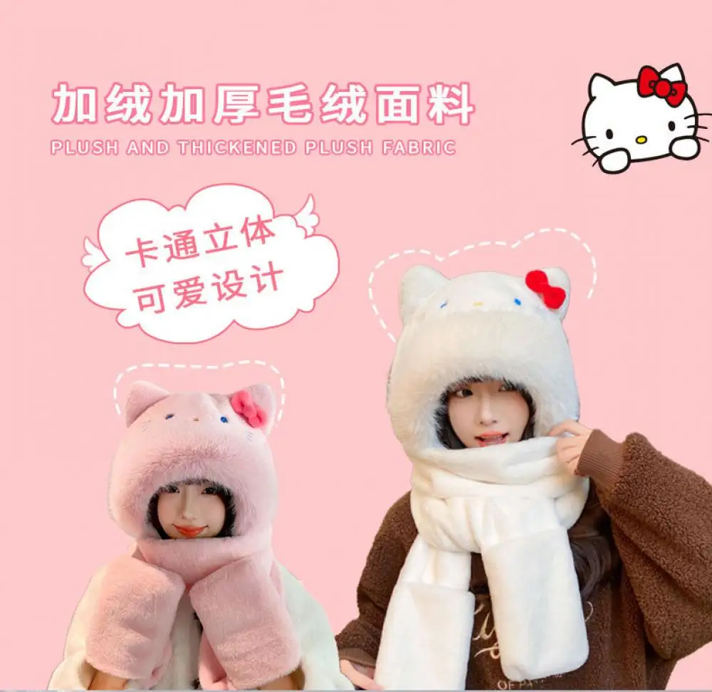 Sanrio Kawaii Hello Kitty Plush Hat Scarf Gloves Three Piece Set Anime Child Aldult Winter Thicken Warm Cute Girls Festival Gift