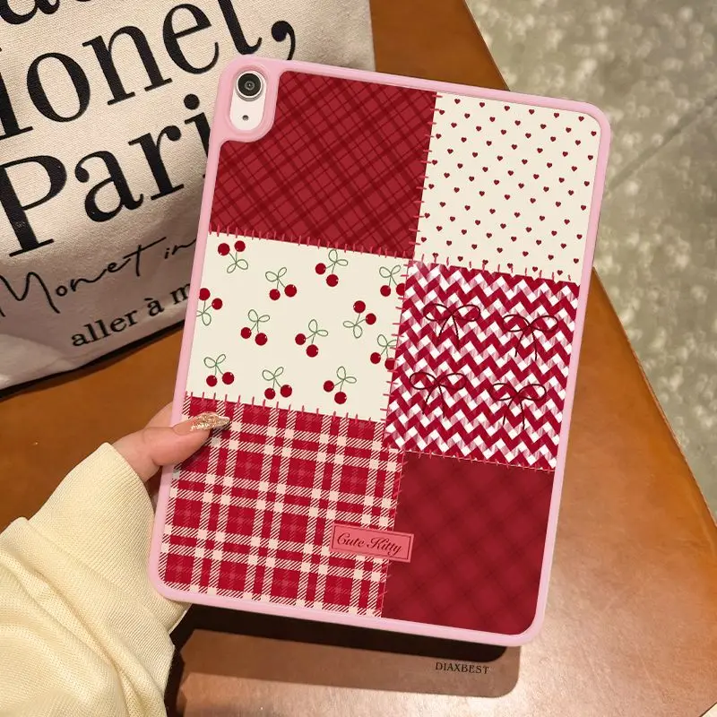 Korean Ins Red Cherry Grid Pattern Y2K Cover For iPad Pro 13 11th M5 M4 12.9 A16 10 8 7 9th 10th Air 11 M2 M3 Mini Tablet Case