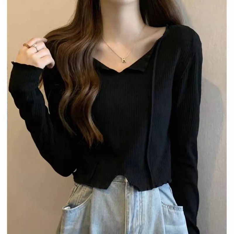Spring Autumn New V-neck Fashion Long Sleeve T-shirt Women High Street Casual Striped Sweet Young Style Sweet All-match Tops image 4