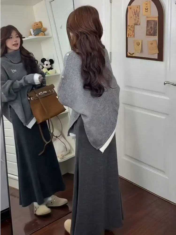 

Осенне-зимний женский вязаный свитер с высоким воротником, пальто, повседневный модный комплект с юбкой, нежный мягкий с эффектом похудения