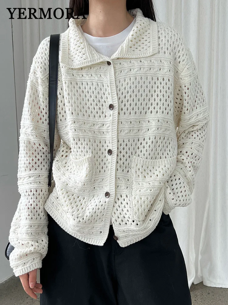 

YERMORA White Hollow Out Vintage Knitting Cardigan For Women Lapel Long Sleeve Loose New Sweater Fashion Tide Spring Autumn 2025