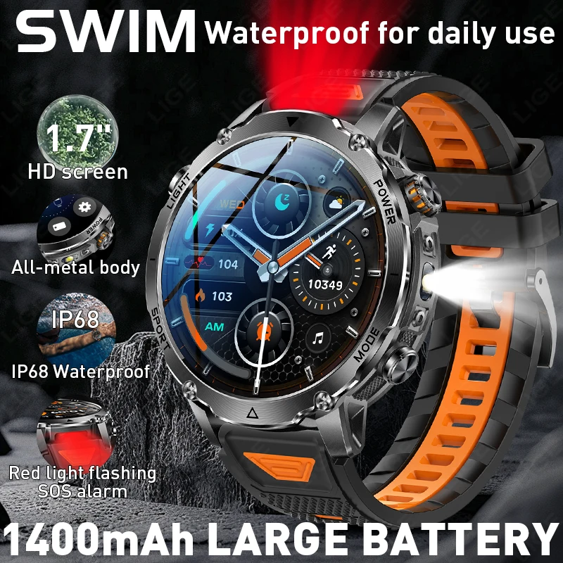 

LIGE New 1400mAh Large Battery Sports Smart Watch Men LED Flashlight & SOS Red Light Bluetooth Call Outdoor Men Smart Wristband