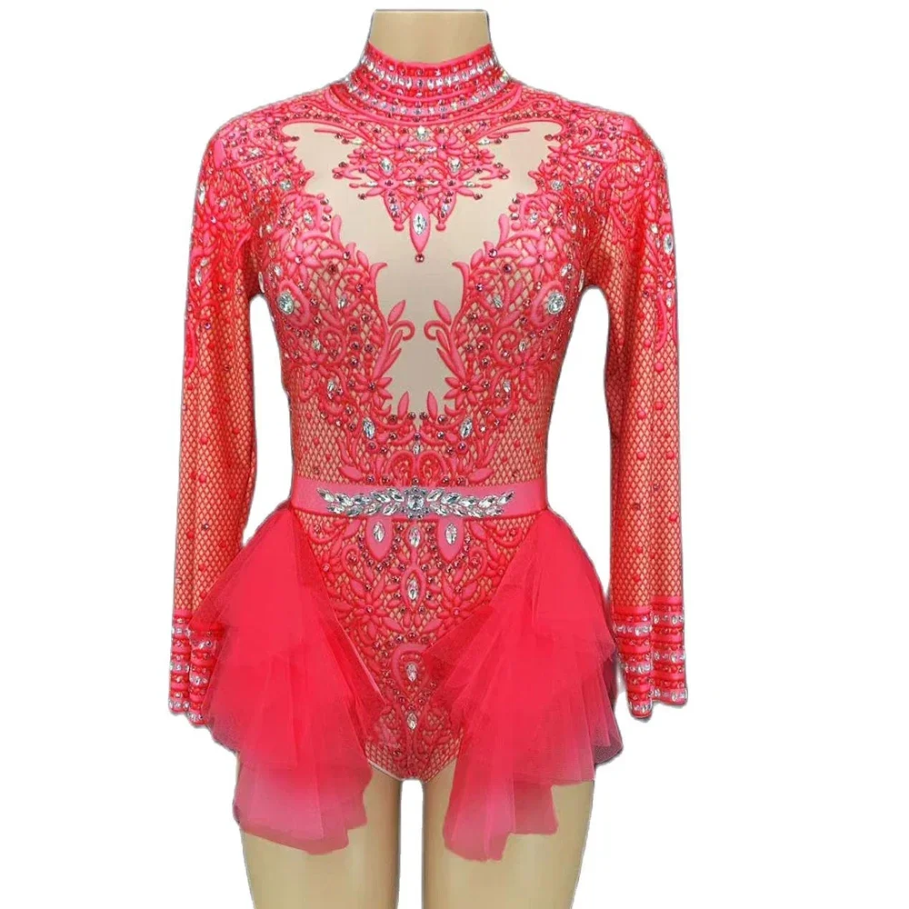 

Red Glitter Rhinestone Bodysuit For Women Long Sleeve Leotard Stretch Jumpsuits DJ Singer Dance Stage Wear Night Out Costumes