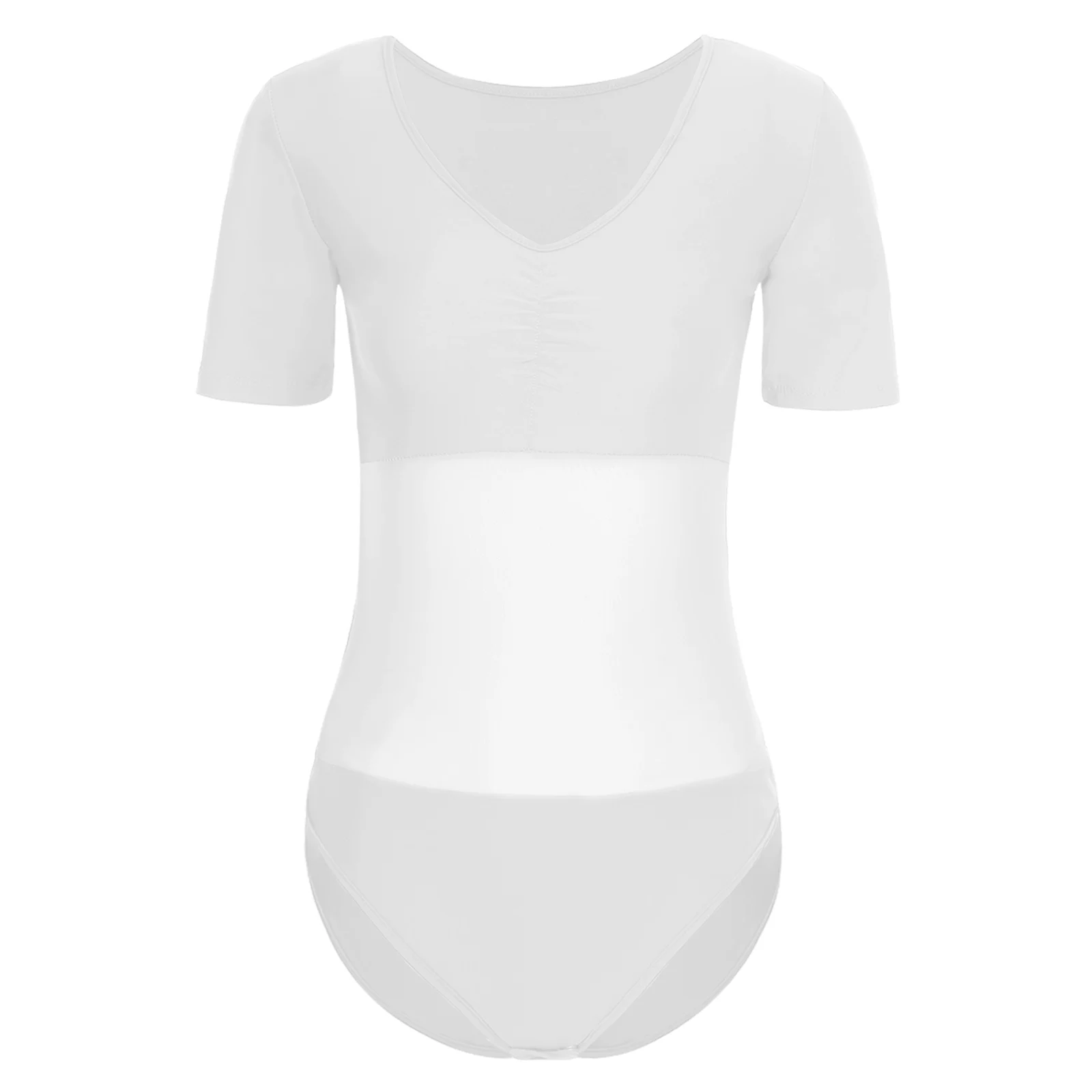 

Women Sexy Bodysuit Sheer Mesh Spliced Patchwork Skinny Leotards Jumpsuit Shirts Rave Dance Party Club Wear Wet Look One-piece