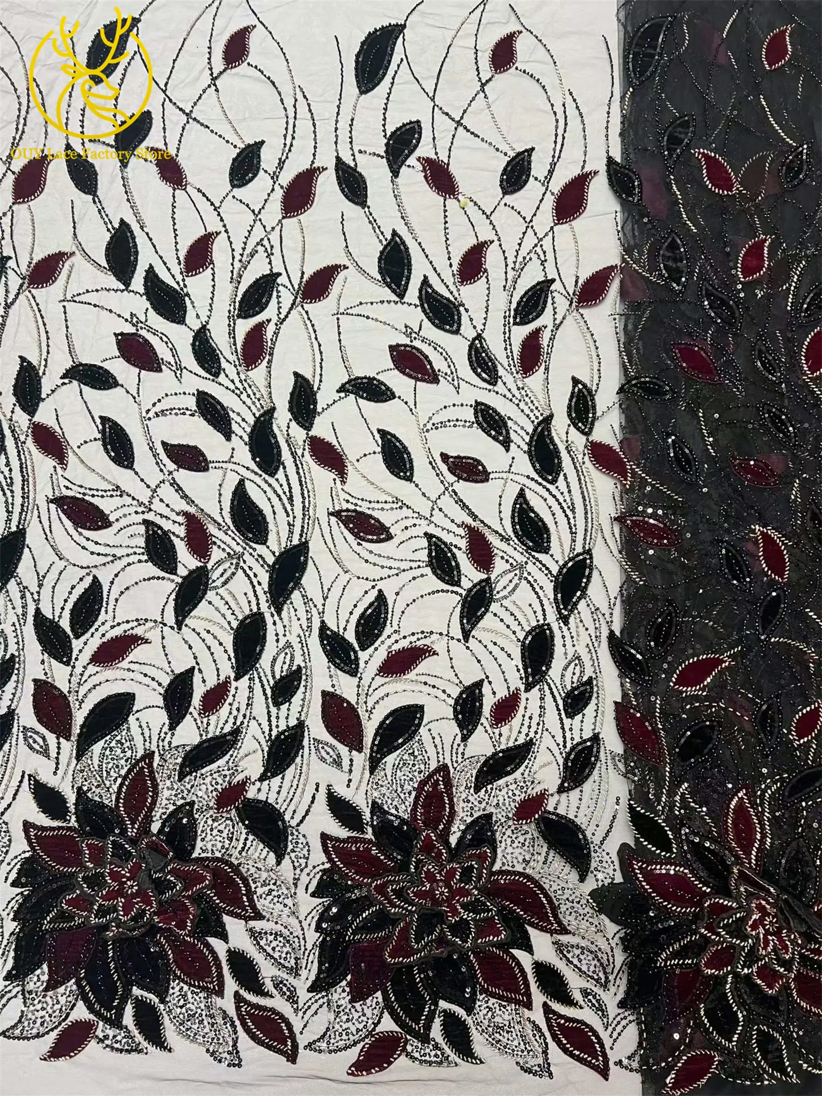 3D-Blumen handgefertigter Perlen-Spitzenstoff, afrikanischer Spitzenstoff, exquisiter nigerianischer Pailletten-Tüll-Spitzenstoff für Hochzeitskleider zum Nähen – Detail 18