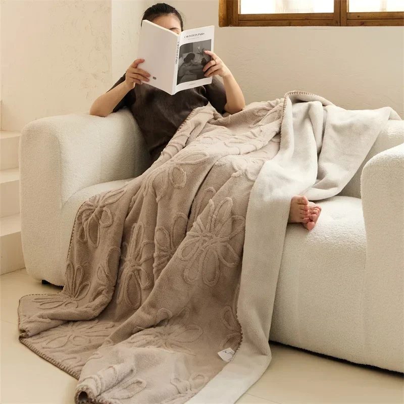 2024 new aerobic rabbit velvet jacquard double-sided blanket multi-functional blanket office sofa blanket