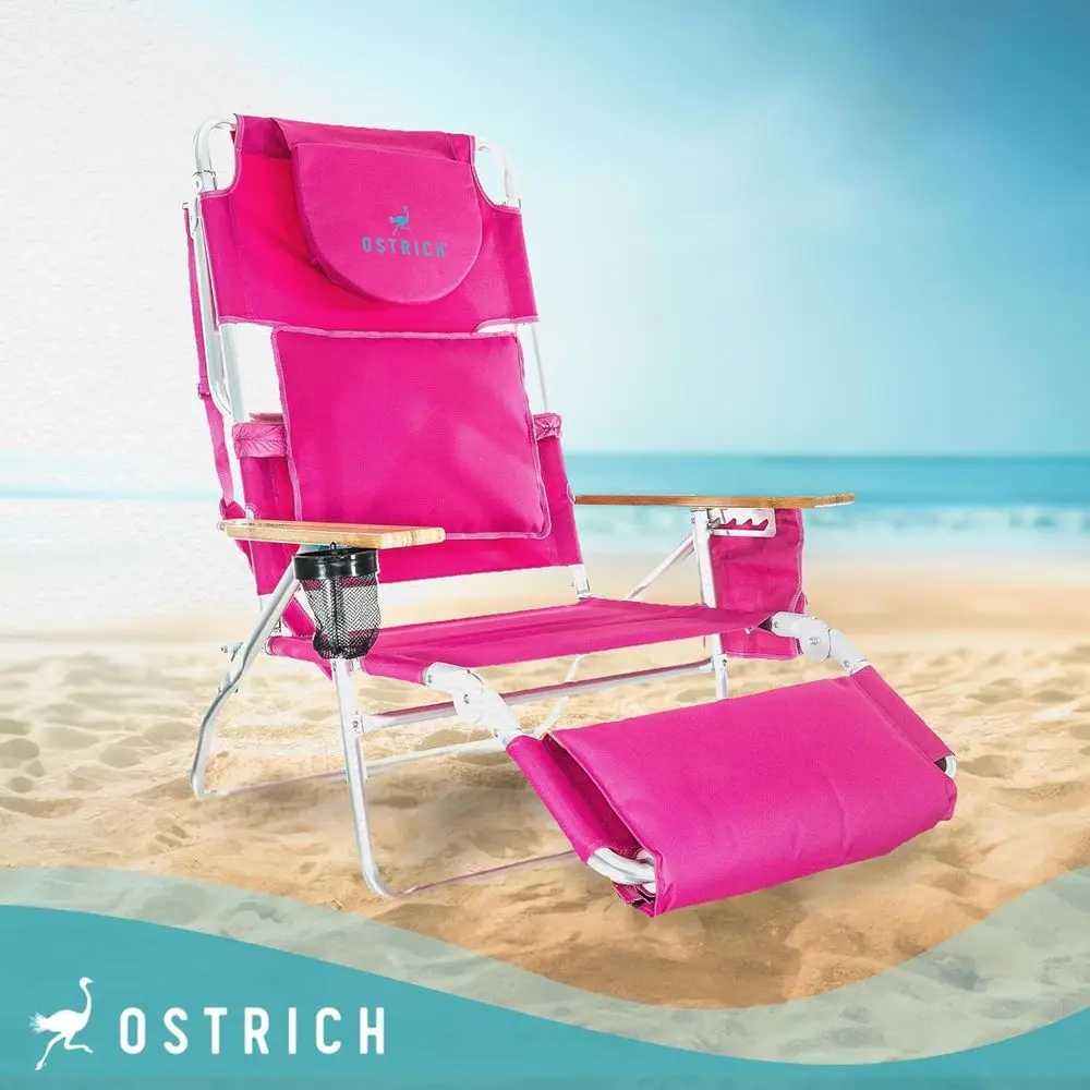 3-in-1 Padded Sports Chair with 5 Positions, Footrest, and Chaise Lounge, Pink Beach Chair with 4 Positions