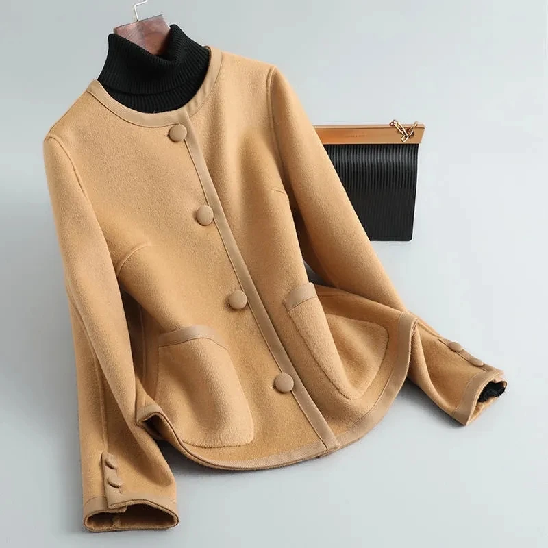 

2024 Spring Autumn New Women's Fashion Fragrant Double Sided Woolen Coat Short Round Neck Single Breasted Casual Overcoat Female