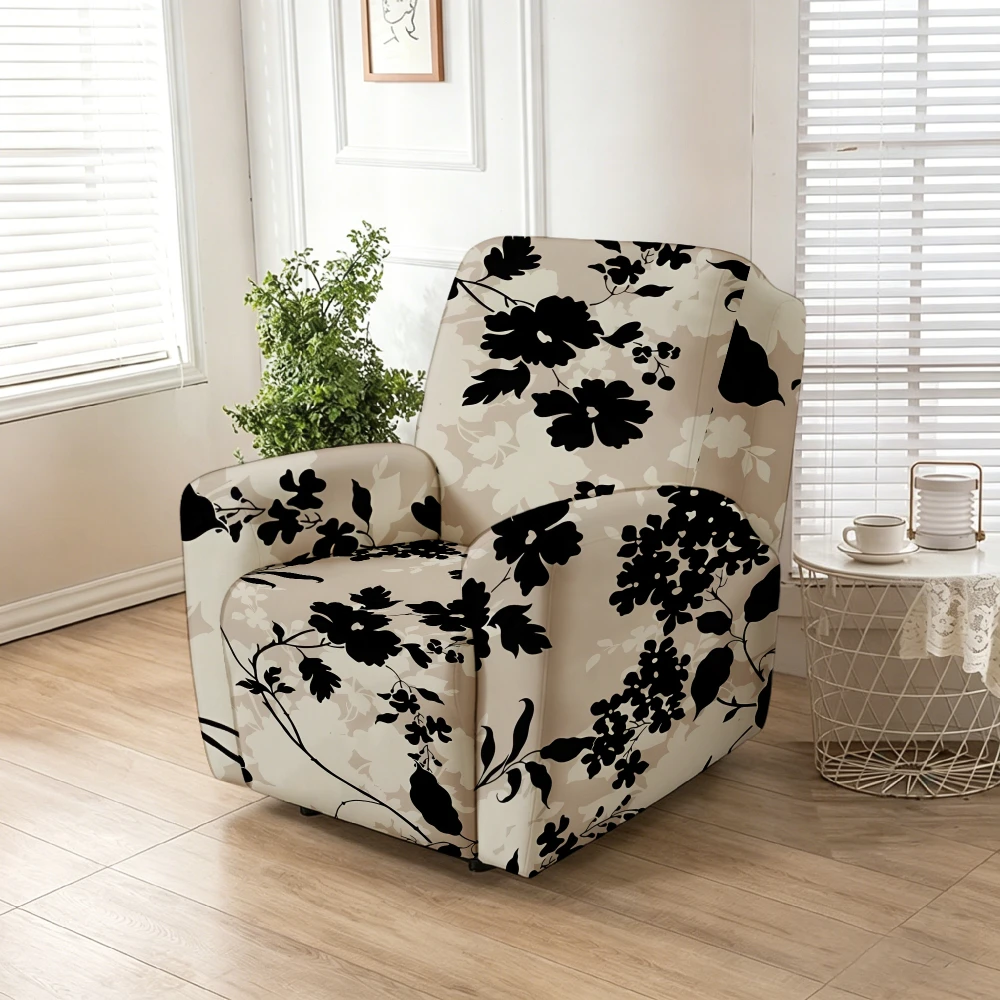 Beige Base Black Floral Silhouette Print Stretch Recliner Slipcover, Stretch Soft Furniture Protector Slipcover