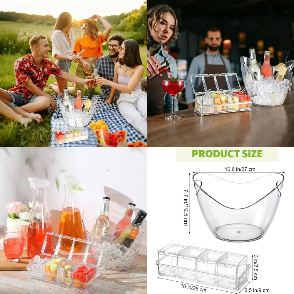 

2-Piece Clear Condiment Servers with Lids and Spoons, 4L Champagne Ice Bucket, 4L Plastic Tub for Fruits - Perfect for Cocktails