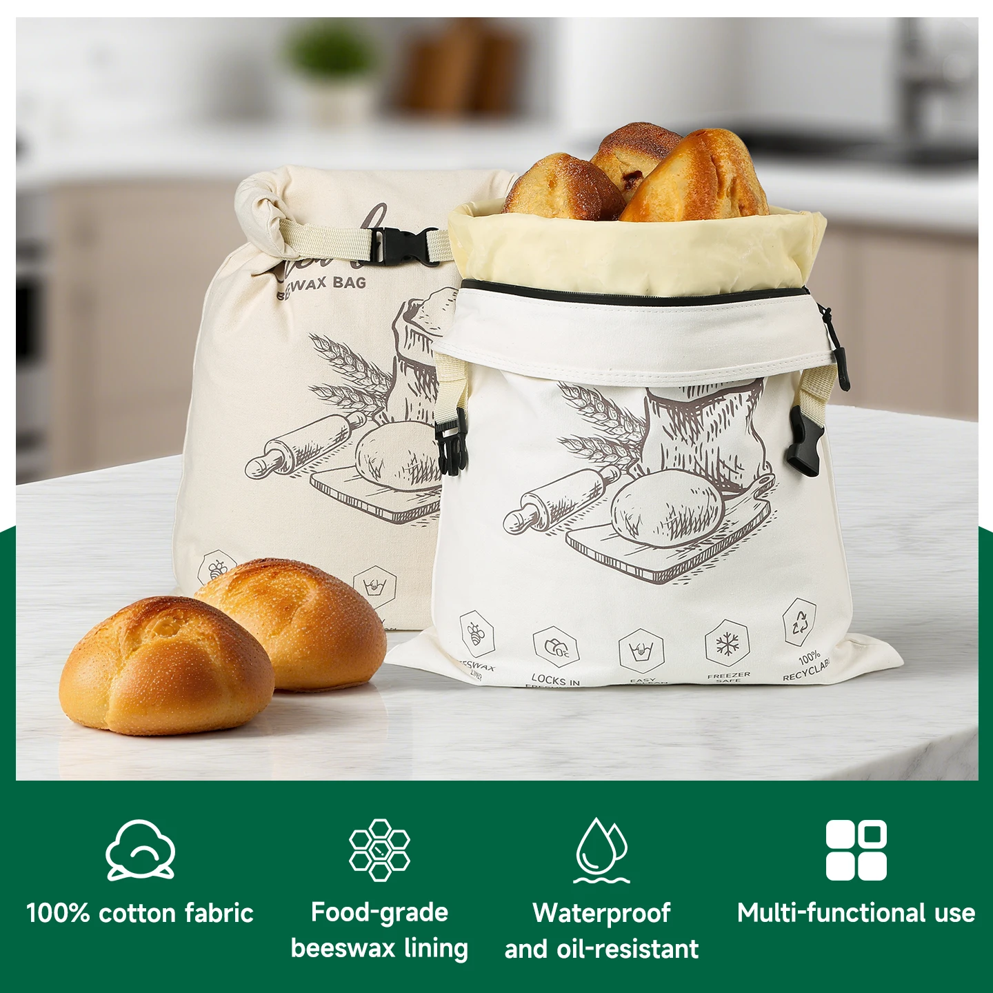 The Button-down Zipper Beeswax Bread Bag Can Be Reused for The Fermentation of Fresh-keeping Bread
