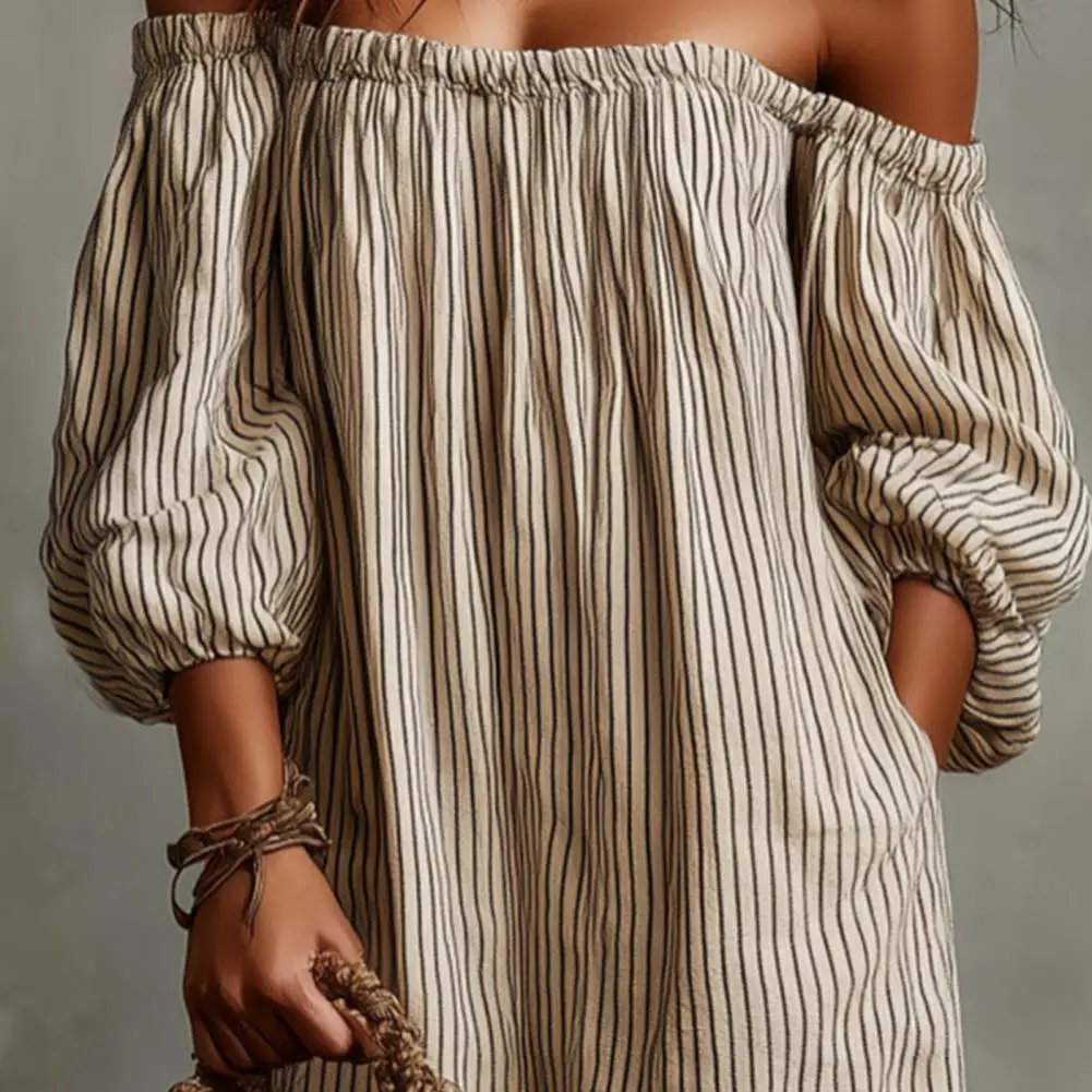 

Spring Summer Women's Off Shoulder Maxi Dress Striped Puff Long Dress Summer Beach Vacation Sundress with Pockets Sexy Off Shoul