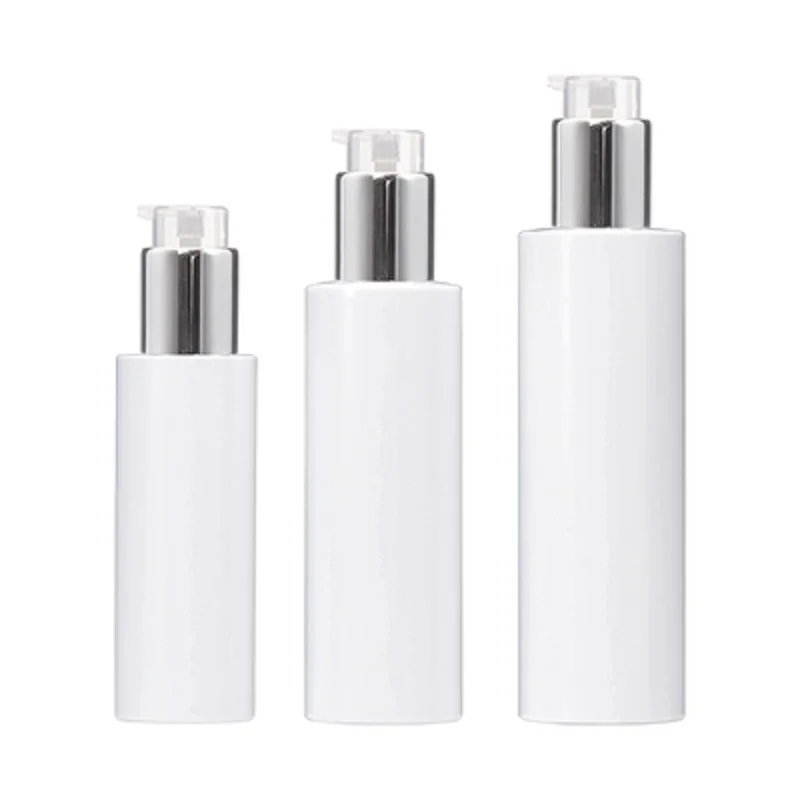 15Pcs Empty Bottles Plastic White Bottle Shiny Silver Collar 100ml 150ml 200ml Lotion Press Pump Refillable Container Cosmetic