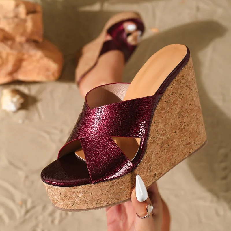Aneikeh 2026 Summer Wine Red Cross Belt Wedges Heel Thick Bottom Wood Pattern Fashion Waterproof Platform Beach Slippers Shoes